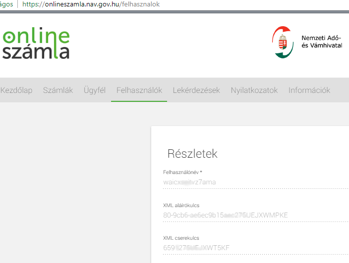 NAV online számla regisztrációs adatok