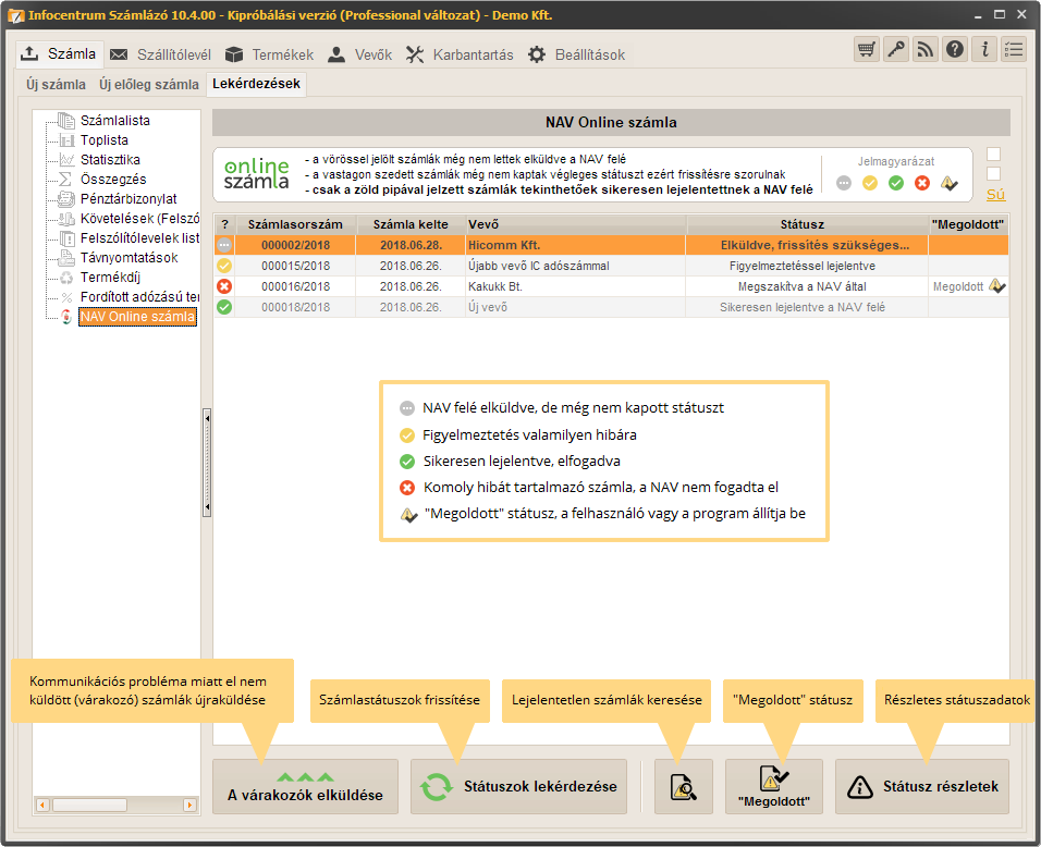 NAV bejelentett számlák listája az Infocentrum számlázó programban