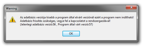 számlázó program - figyelmeztetés adatbázis frissítésre