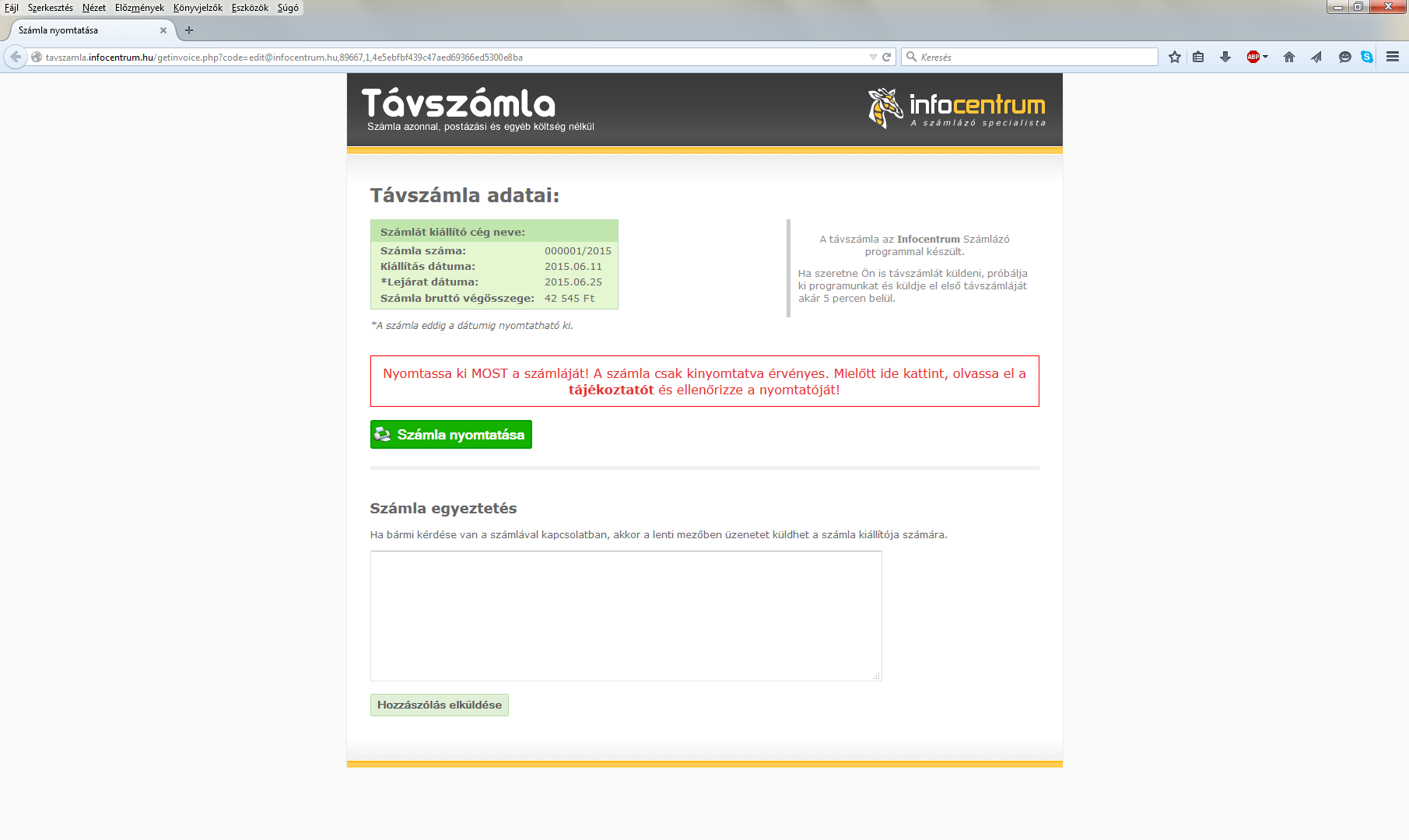 számlázó program - távszámla nyomtatás felülete