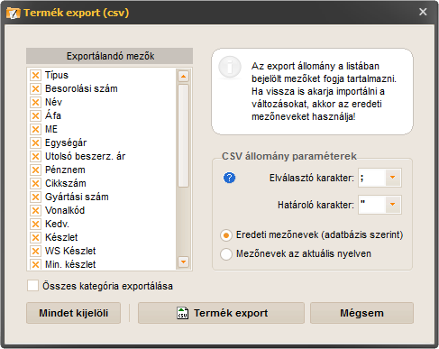 számlázó program - termék exportálás