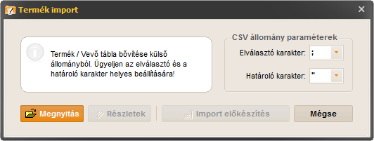 számlázó program - termék import állomány kiválasztása