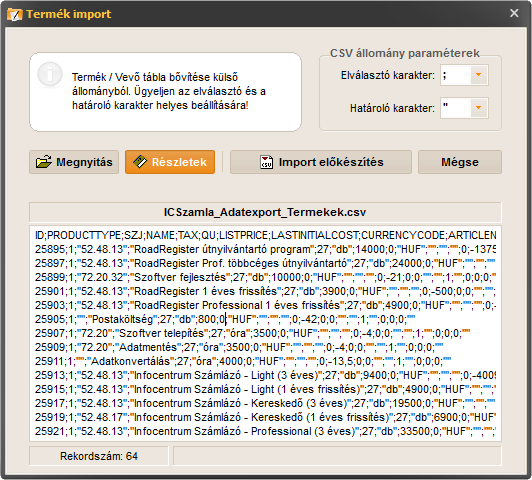 számlázó program - termék import részletek