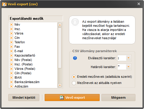 számlázó program - vevő állomány exportálása