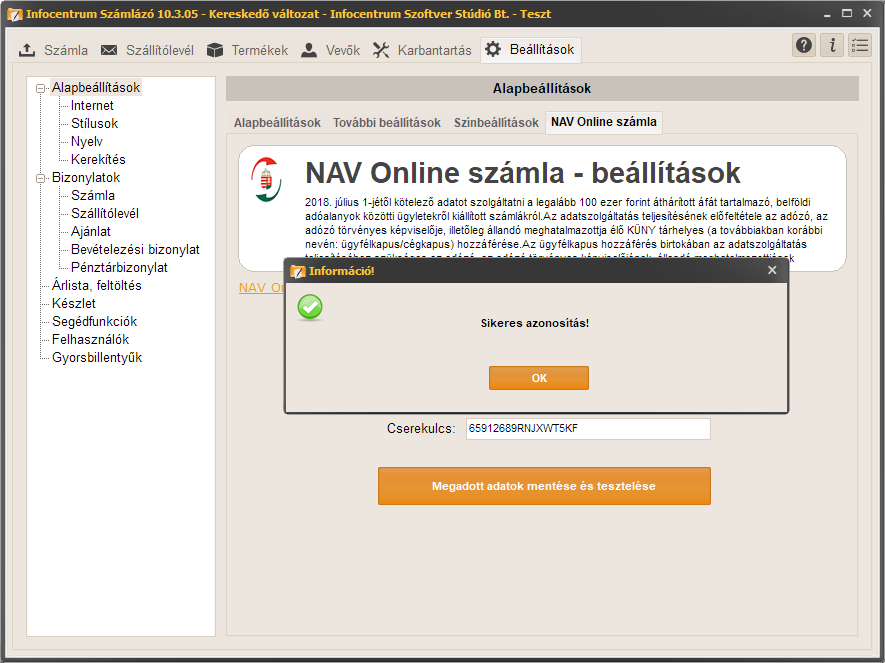 Sikeres online számla regisztráció az Infocentrum számlázó programba